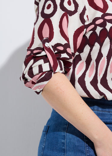 Blouse col V boutonné, imprimé ethnique Imprime Prune