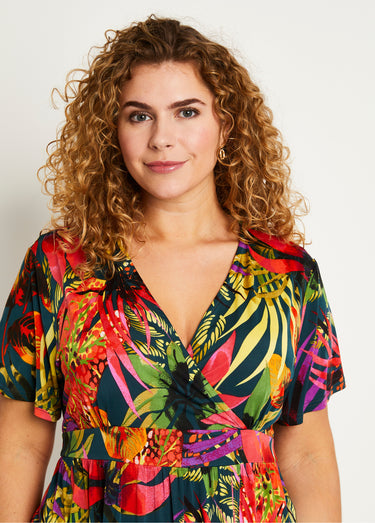 Robe courte cache-coeur imprimé exotique Multicolore