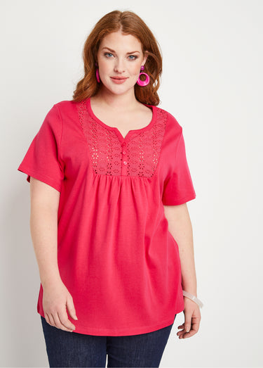 T-shirt long boutonné broderie anglaise Framboise