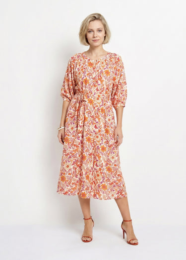 Robe longue boutonnée avec manches 3/4 Orange Imprime