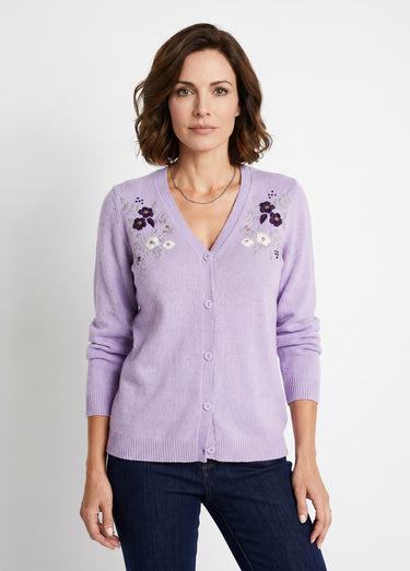 Gilet doux uni col V boutonné court brodé Lilas