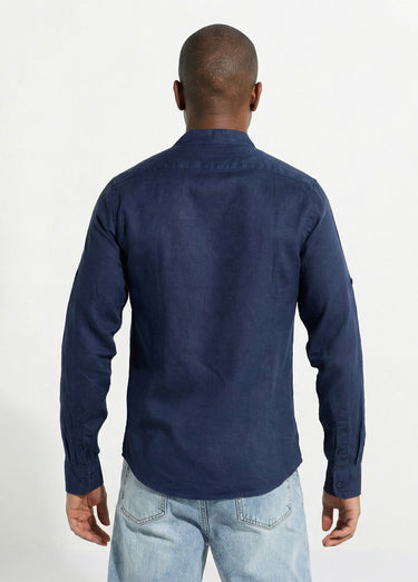 Chemise lin col mao, manches longues Bleu