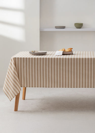 Nappe anti taches pur coton, rayures Beige