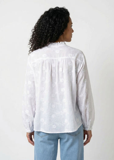 Chemisier boutonné coton brodé col volanté Blanc