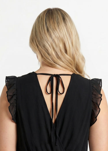 Robe courte volantée col V sans manches Noir