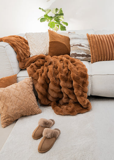 Plaid cotelé fausse fourrure 1,8m x 1,3m Marron