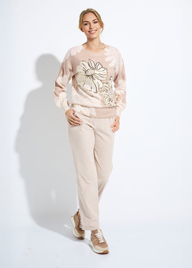 Pull fin imprimé fleurs sequins col rond Beige