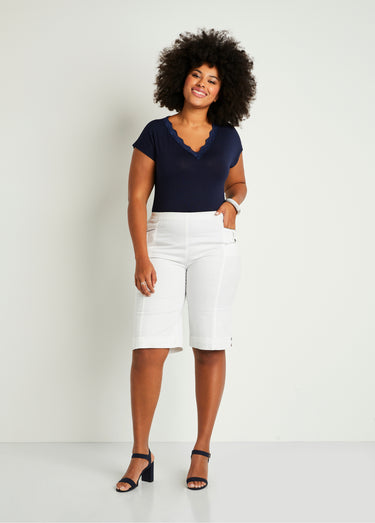 Bermuda revers ceinture semi-élastiquée Blanc