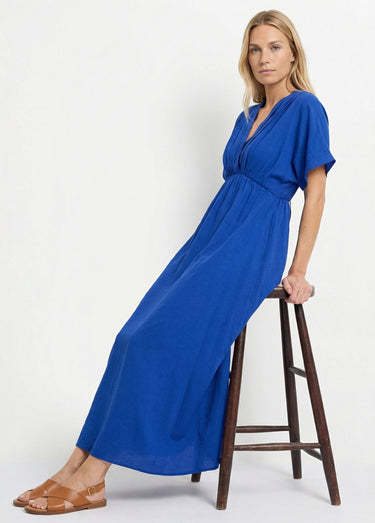 Robe longue col V plissé devant et dos Bleu Roi
