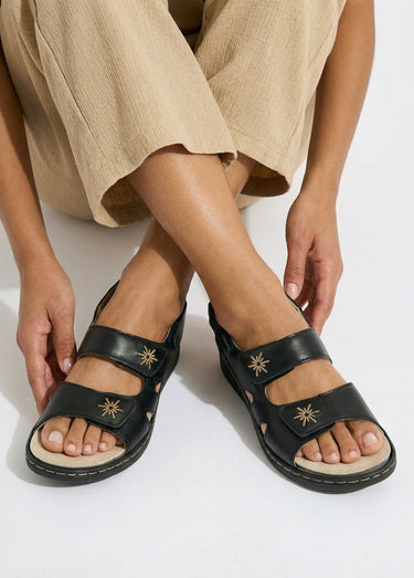 Sandales cuir brodé grande largeur Noir