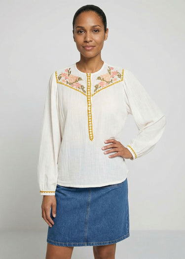 Tunique brodée ample gaze de coton boutonnée Blanc