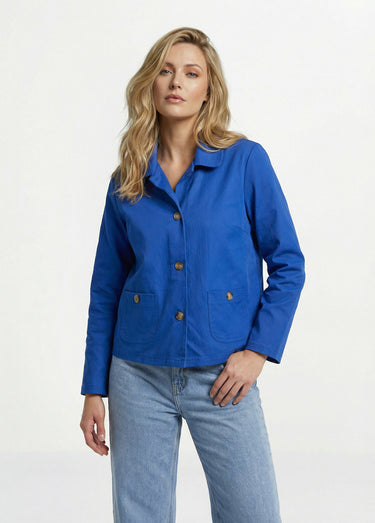 Veste boite en coton, avec col claudine Bleu Dur