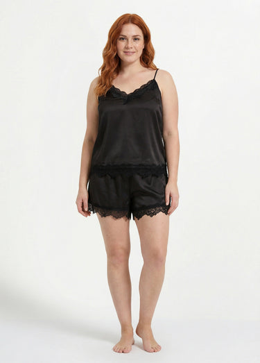 Ensemble top + short satin et dentelle Noir