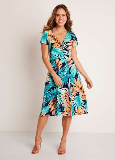Robe courte cache-coeur motif végétal Marine/Vert