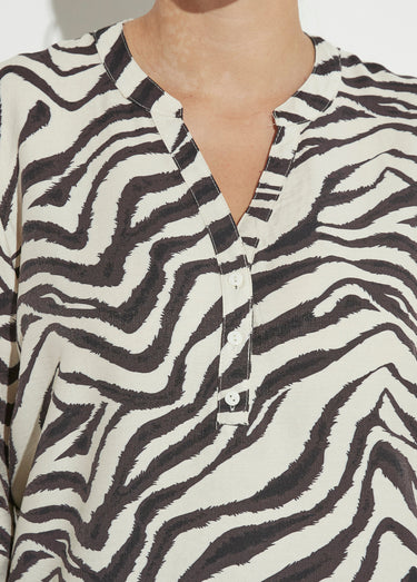Blouse col V boutonné imprimé animalier Noir/Ecru
