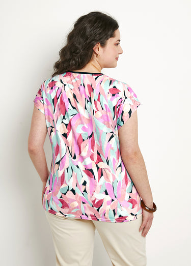 T-shirt court col V avec liens imprimé floral Noir/Saumon