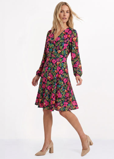 Robe cache-coeur courte évasée fleurie Noir/Fuchsia