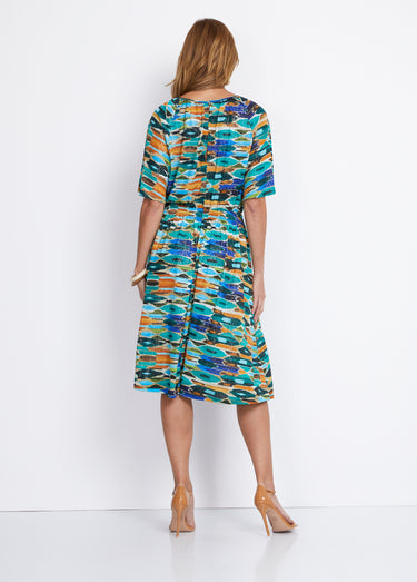 Robe courte smockée base évasée Vert/Ocre