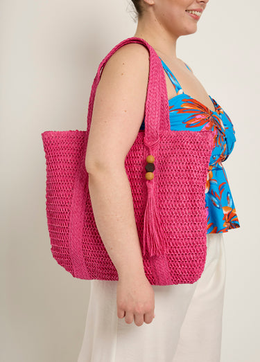 Grand sac en paille avec pompon perles Fuchsia