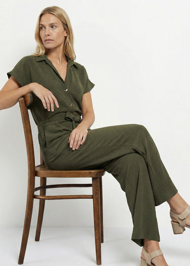 Pantalon souple texturé, noué taille Kaki