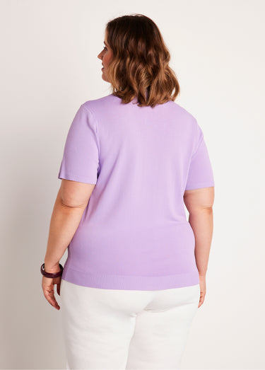 Pull fin brodé manches courtes Lilas