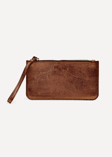 Porte-monnaie zippé cuir métallisé Caramel