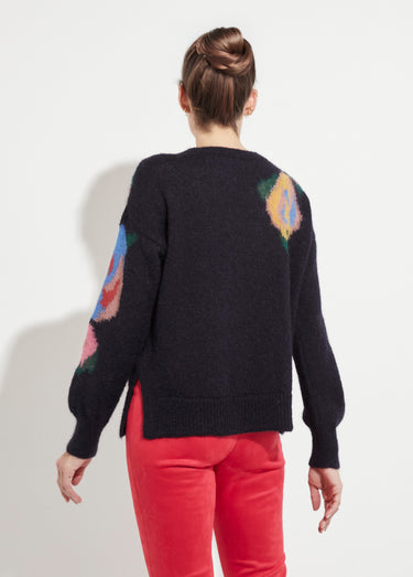 Pull col rond avec mohair jacquard fleuri Marine/Tomette