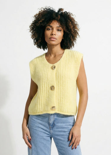 Gilet sans manches avec boutons bijoux Jaune