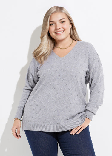 Pull col V maille fantaisie à pois Gris