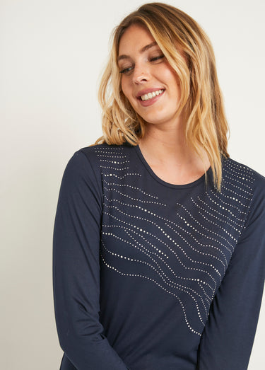 T-shirt uni droit court avec strass col rond Marine