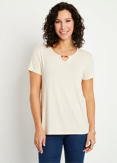 T-shirt court col rond bijou Uni Beige