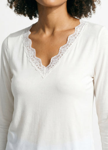 T-shirt court dentelle col V manches longues Ecru