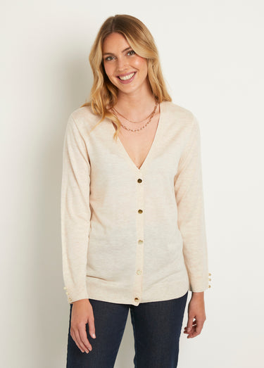 Gilet fin col V boutonné jersey uni avec laine mérinos Ficelle