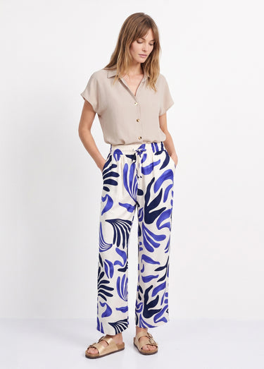 Pantalon large imprimé abstrait Bleu / Écru