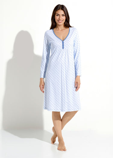 Chemise de nuit longue manches 3/4 coton imprimé Bleu
