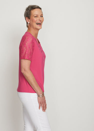 Tee-shirt manches courtes dentelle Fuchsia
