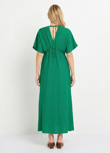 Robe longue col V plissé devant et dos Vert