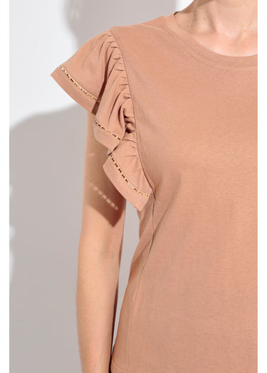 T-shirt manches courtes volantées ajourées Camel