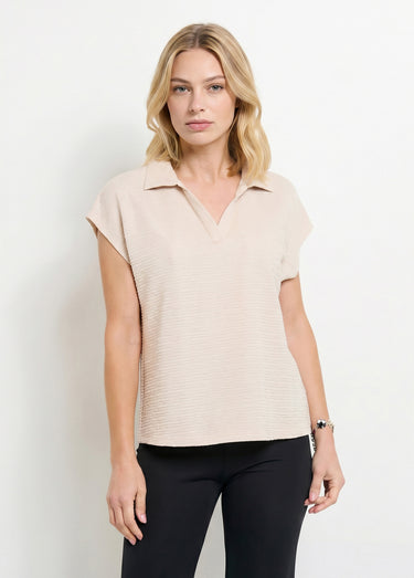 T-shirt col chemise uni manches courtes Sable