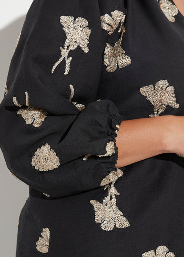 Blouse col V plissé broderies métallisées Noir