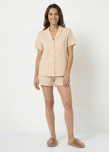 Pyjama short en jersey, col chemisier Beige