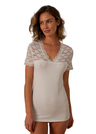Maillot de corps jersey dentelle manches courtes Nacre