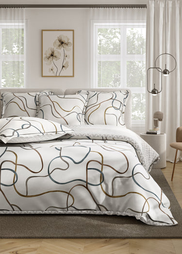 Parure de lit 4 pièces percale avec drap plat, lignes Imprime Blanc
