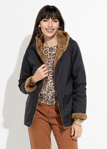 Blouson réversible déperlant et fourrure Noir/Camel