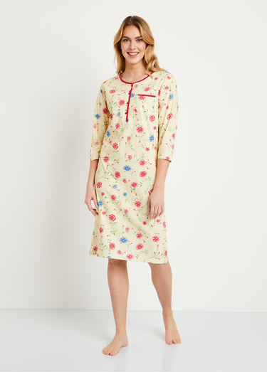 Chemise de nuit coton fleuri manches 3/4 Fond Jaune