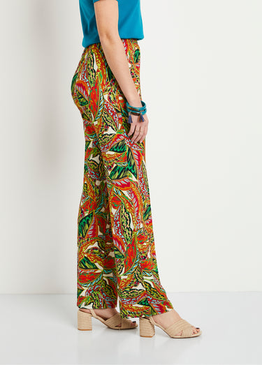 Pantalon ceinture élastiquée motif feuillage Vert/Rouge