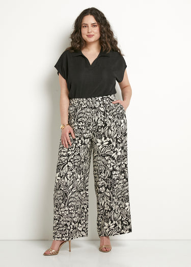 Pantalon large taille élastiquée fleuri ou uni Noir/Ecru