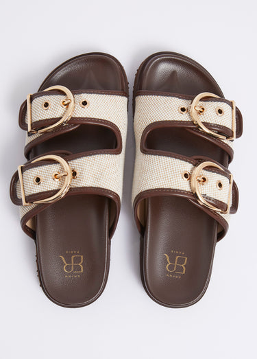 Mules chic tissu natté et boucles métal Marron