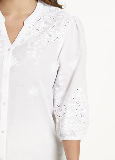 Chemisier long coton brodé manches 3/4 Blanc