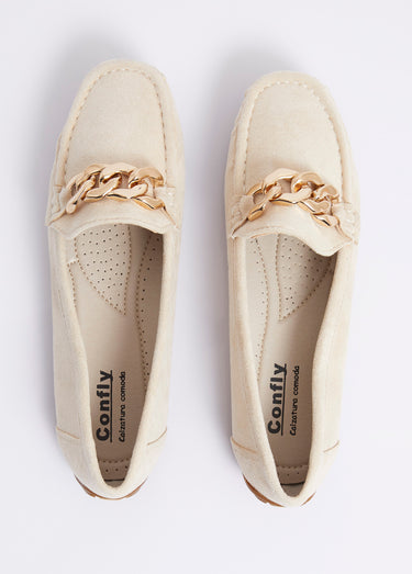 Mocassins suédine, bride maillons métal Beige